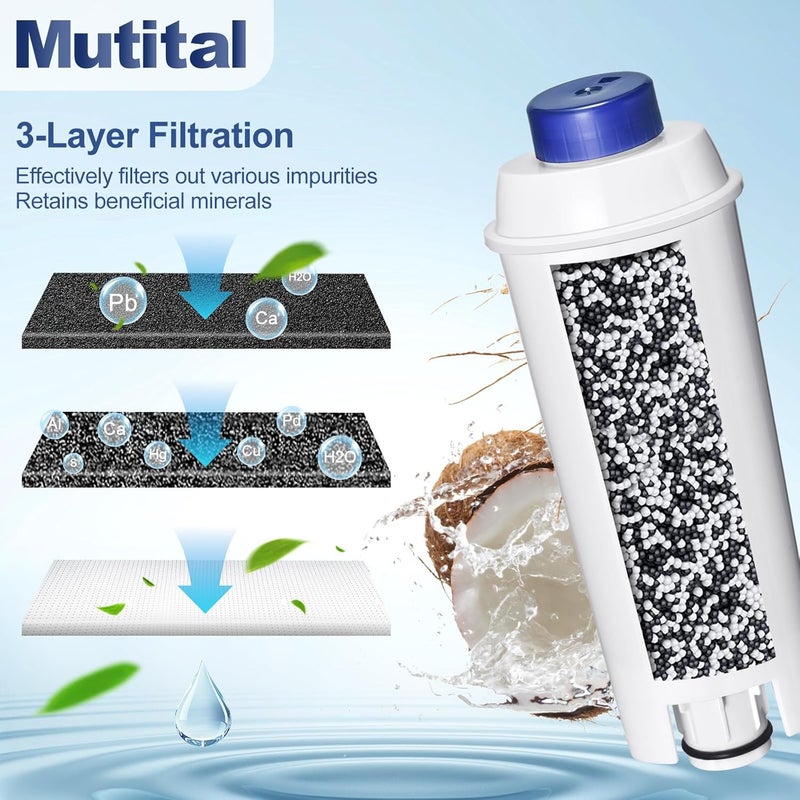 Mutital Store فلتر ماكينة القهوة، بديل فلتر ديلونجي لـ DeLonghi DLSC002، ديلونجي ماغنيفيكا إيفو، ديناميكا بلس، ESAM، ETAM، BCO، EC. خراطيش فلتر مياه كربون نشط منعم (4 قطع) - Image 2